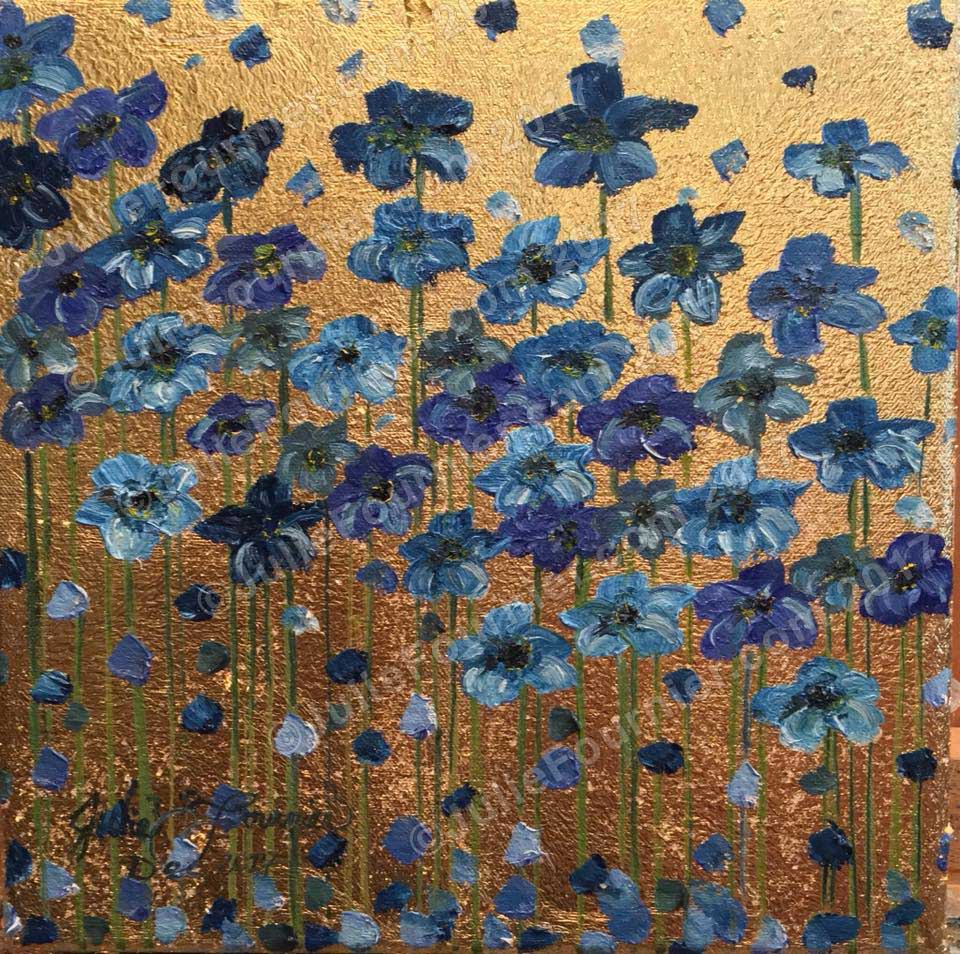 Blue flowers on gold leaf by Julie Fournier