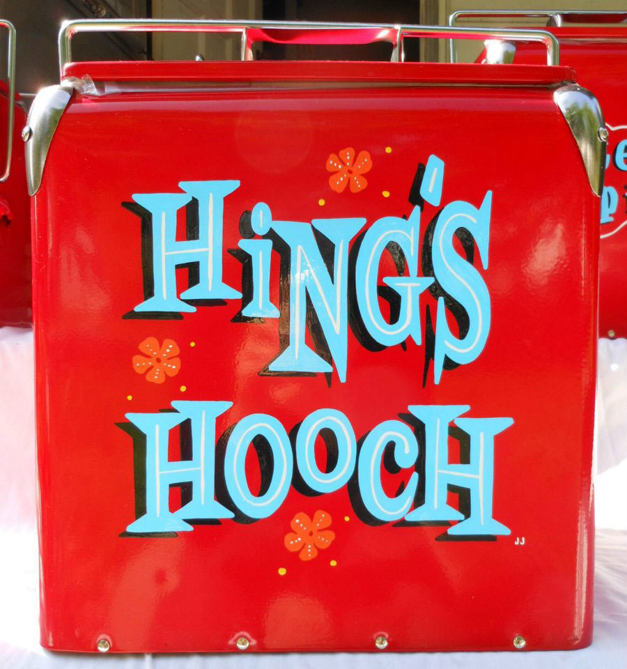 Pinstripes by Julie Fournier lettering Hing's Hooch cooler