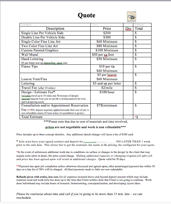Pinstriping Contract and After Care by Julie Fournier Call for quote